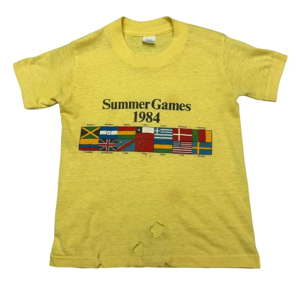 Vintage 80s 1984 LA Summer Olympics Games Shirt Kids 10/12 World Flags